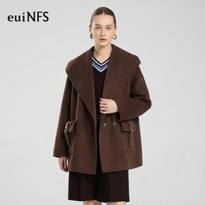【euiNFS】Brown Oversized Shawl-Collar Wool Coat with Utility Pockets【E462001】