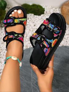 Women's Fashionable Colorblock Buckle Decorated Platform Sandals, Bohemian Trending Sandals, Casual Comfortable Sandals for Summer, Female All-match Shoes for Beach Vacation