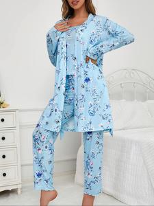 Women's Floral Butterfly Print Lettuce Trim Belted Longsleeves Lounge Robe & Cami Top & Pants Pyjama Set, Casual Comfy Three-piece Sleepwear Set for Women, Homewear, Long Sleeve, Womenswear, Loungewear, Pajamas