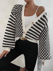 Winter Retro Checkerboard Grid Colorful Striped Knitted Tops Spring Temperament Loose V-neck Bottoming Cardigan Woman Sweaters