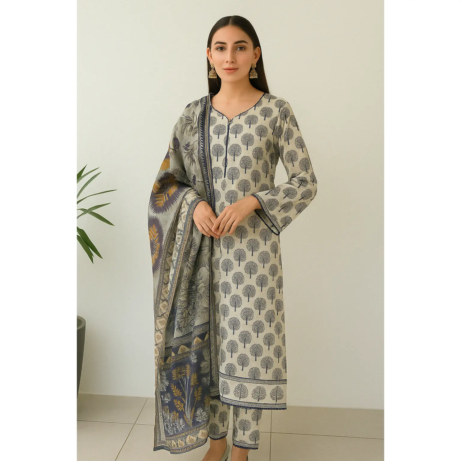 Linen 3pc printed suit with printed dupatta