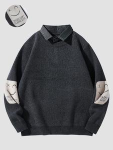 Men's Cartoon Face & Letter Pattern 2 in 1 Collared Sweater, Regular Fit Casual Soft Comfy Long Sleeve Drop Shoulder Jumper for Fall & Winter, Fashion Men's Knitwear for Daily Wear