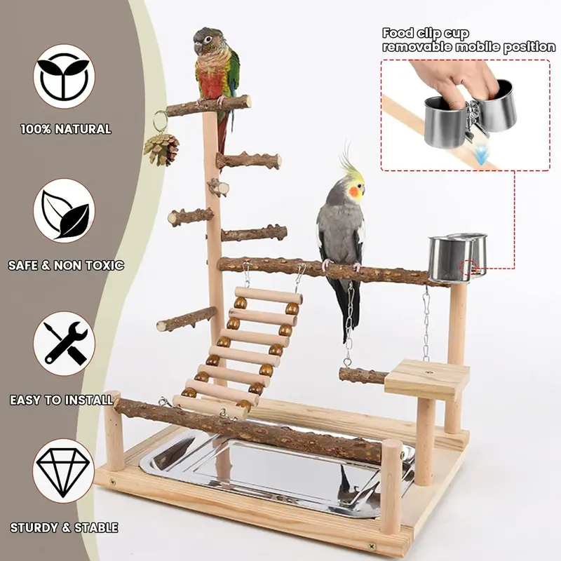 WishesMar Bird Playground Parrot Play Stand with Feeder Cup Swing Climb Ladder and Tray Budgie Playground Cage Exercise Gym Toys for Parakeets Cockatiel, Wooden, Size About 17.7x14.6x10.2 In #A 1