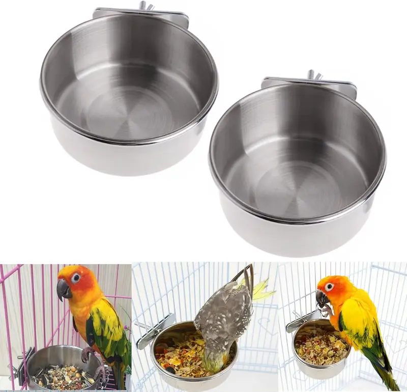 2Pcs Parrot Food Water Bowls,Bird Feeding Dish Cups Set,Stainless Steel Pet Hanging Bowl,Bird Cage Water Bowl with Clamp for Small Animal,Parrot Cockatiel Conure Budgies Parakeet Lovebird Chinchilla 3