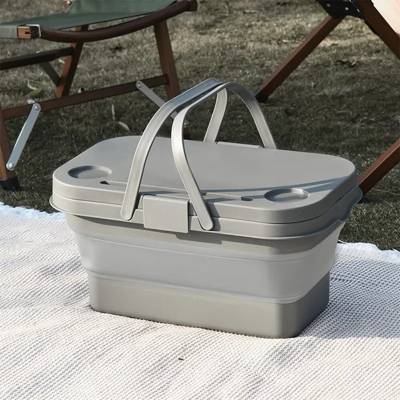 Collapsible Folding Picnic Basket W/Table Lid Caravan Camping Travel Storage Box  UK 3
