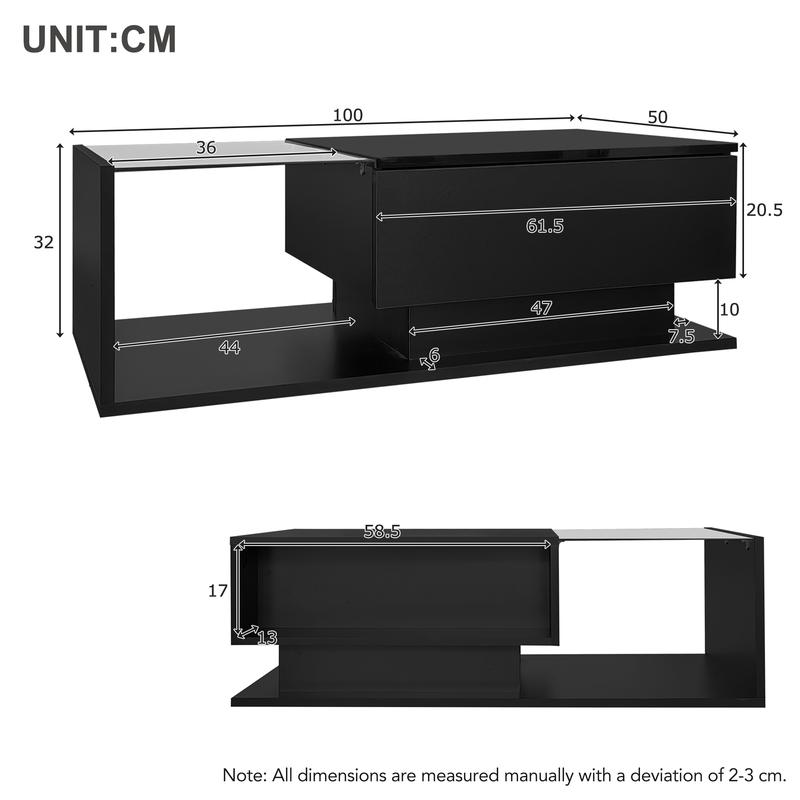 LED Coffee Table, Modern High Gloss Coffee Table, Center Table with Glass, Modern Coffee Table for Living Room with Drawer (Black) 8