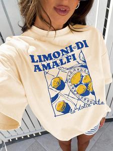 Women's Lemon & Letter Print Round Neck Tee, Vintage Trendy Casual Short Sleeve T-shirt for Daily Wear, Ladies Summer Outfit, Top