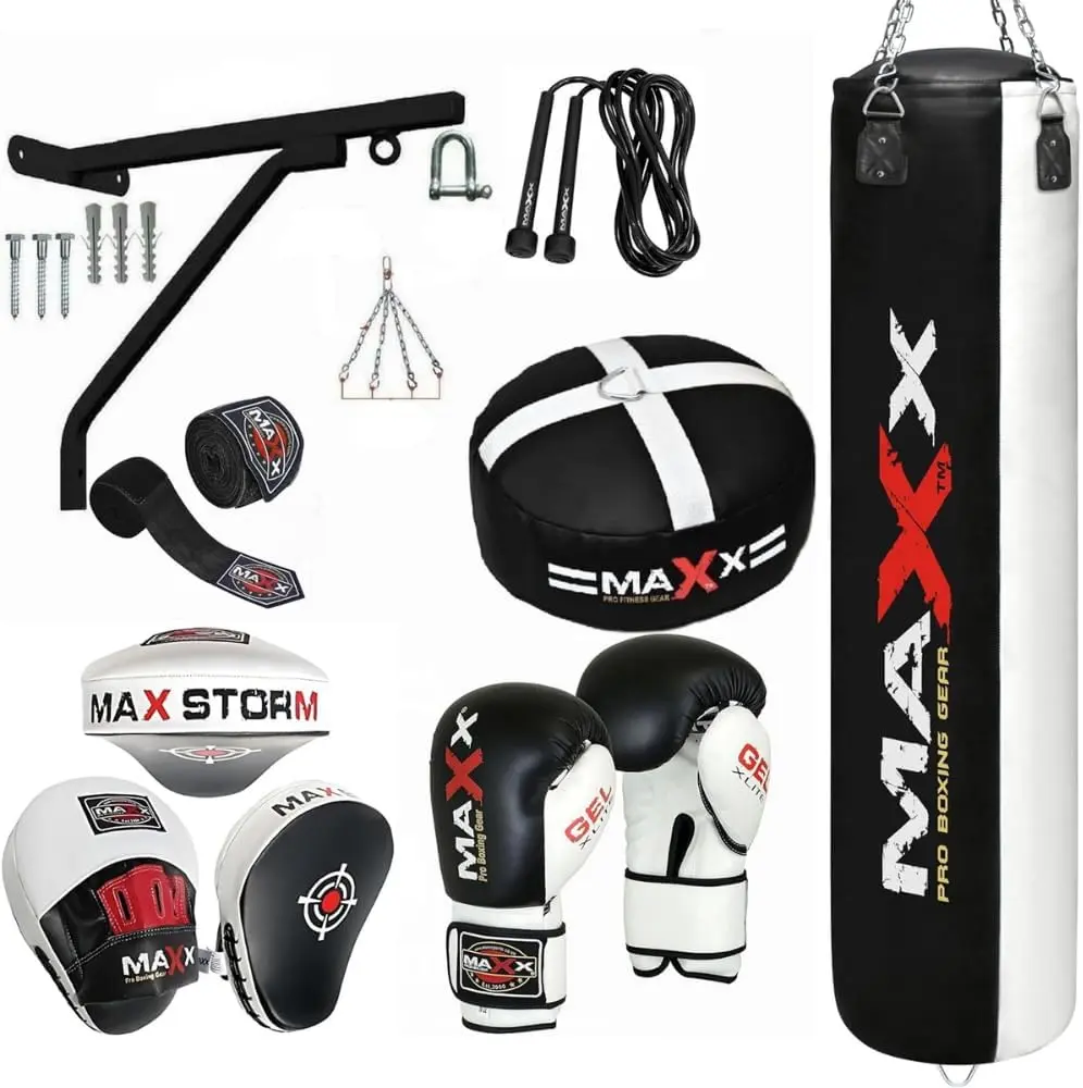 Maxx Home Gym Boxing Punch Bag Set Black White (3ft, 4ft, 5ft) with Gloves, Focus Pads, Floor Anchor Bracket, Rope, Hand Wraps & Chain – Complete Training Kit