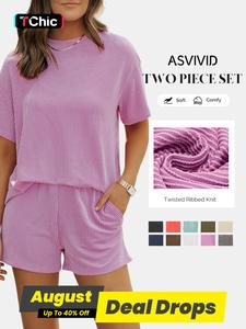 Women's Solid Twisted Ribbed Knit Textured Shortsleeve Pocket Shorts Set, Casual Short Sleeve T-shirt & Elastic Waist Shorts, Ladies Summer Clothes for Daily Wear, Womenswear, All Season Set