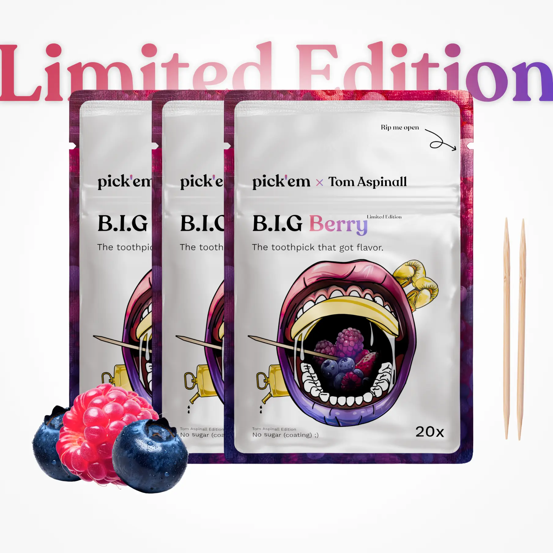 3 Pack B.I.G Berry x Tom Aspinall - 3 x 20 Flavored Toothpicks For Only £14.99 -  Limited Edition Finest Quality Birch Wood - dental floss