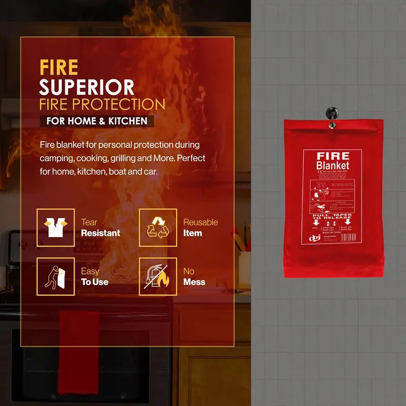 Fire Blanket Fire Suppression Blanket for Kitchen 1 x 1 Meter Emergency Fiberglass Fire Blanket British Standard UK for Home Kitchen Garage Office Caravan Working Temperature Up To 550°C 3