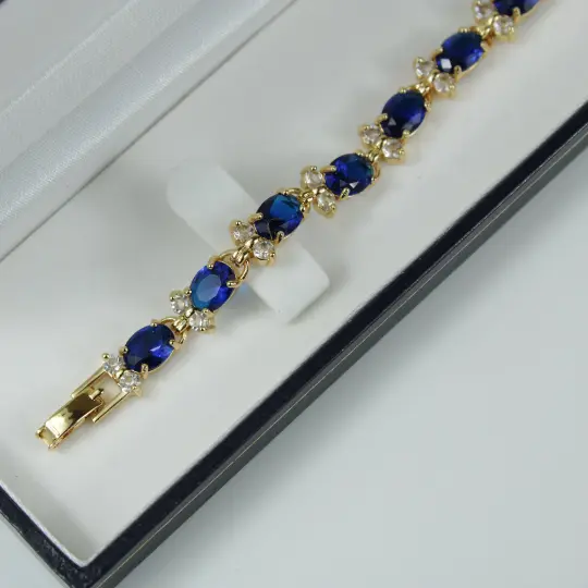 YELLOW GOLD FINISH Created Diamond Oval Cut Blue Sapphire Bracelet Including Gift Box 4