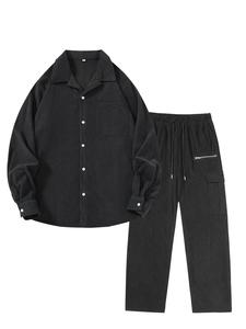 Men's Solid Color Shirt & Pants Set, Loose Casual Long Sleeve Button Up Top & Straight Leg Trousers, Men's Spring & Fall Clothes