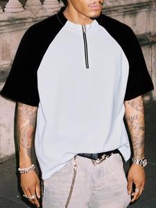 Men's Thermal Lined Patchwork Short Sleeve Half Zip Up Tee, Loose Casual Fashion Round Neck T-shirt for Summer, Men's Top for Daily Wear