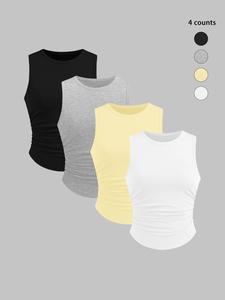 Women's Solid Round Neck Tank Top, Casual Sleeveless Top for Daily Wear, Ladies Clothes for All Seasons
