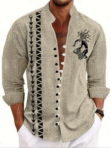 Men's Tribal Print Button Front Shirt, Regular Fit Casual Long Sleeve Stand Collar Top for Fall & Winter, Men's Clothes for Daily Wear, Autum Top