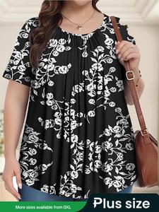 【Plus Size】 All Over Print Round Neck Tee, Casual Short Sleeve Crew Neck T-Shirt for Summer, Women's Plus Clothing for Daily Wear, Tshirt