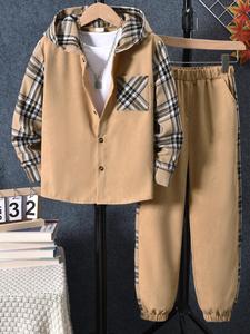 Two-Piece Set Boy's Patchwork Plaid Print Button Front Hooded Top & Pocket Elastic Waist Sweatpants, Casual Long Sleeve Hooded Top & Jogger Pants for Fall & Winter