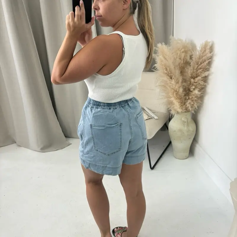 TONI Tie Waist Stretchy Fabric Paper Bag Style Thin Denim Holiday Casual Summer Shorts - 2909 6