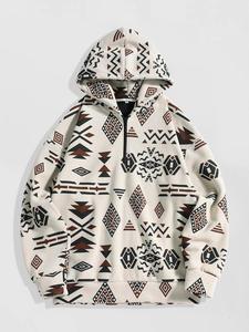 Men's Irregular Ethnic Print Half  Zip Up Hoodie, Casual Loose Long Sleeve Hooded Sweatshirt for Fall & Winter, Men's Clothes for Daily Wear