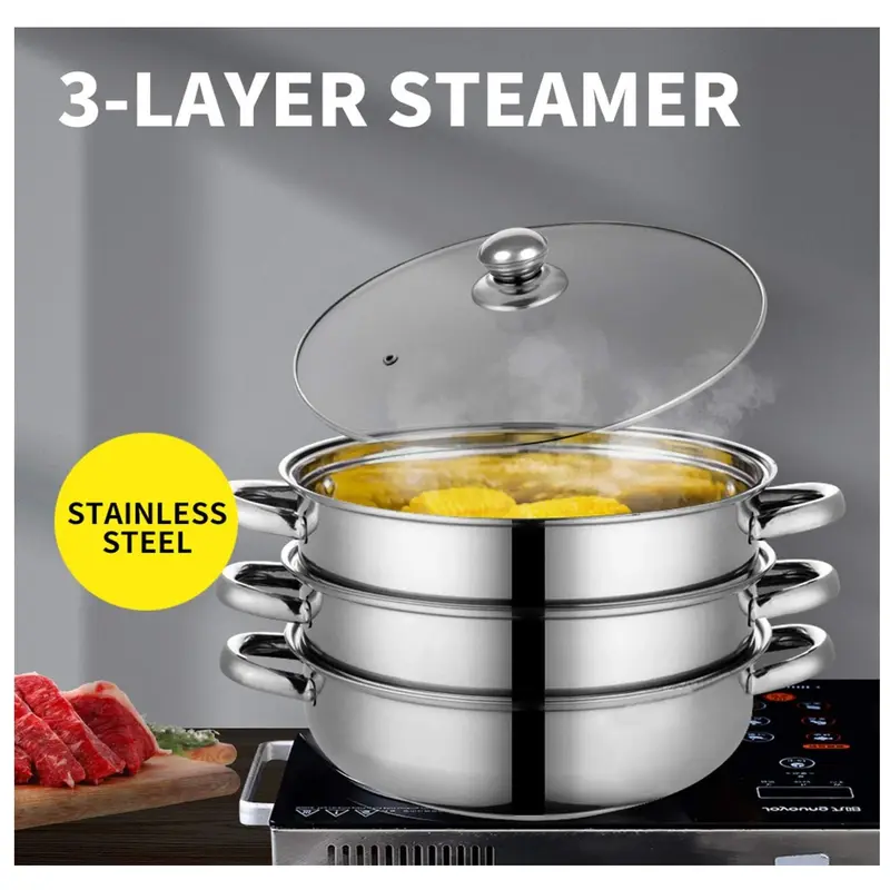 3 Tier Stainless Steel Steamer Set – Non-Stick Multi-Cooker Pot with Glass Lid – Three Piece Steamer Pan Set for Healthy Cooking – Dishwasher Safe 1