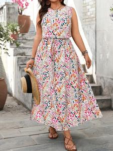 【Plus Size】 Floral Print Round Neck Dress, Casual Sleeveless Long Dress for Holiday Vacation Daily Wear, Women's Plus Clothing for Summer