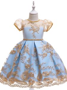 Girl's Floral Embroidery Bow Decor Satin Dress, Elegant Zipper Back A Line Dress for Party Performance Wedding Guest, Kids Clothes for All Seasons, Clothes, Quinceaneras Dresses, Embroidered Tulle Dress