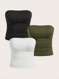 【Plus Size】 Solid Ruched Tube Top, Casual Comfy Breathable Strapless Top for Daily Wear, Women's Clothing for All Seasons