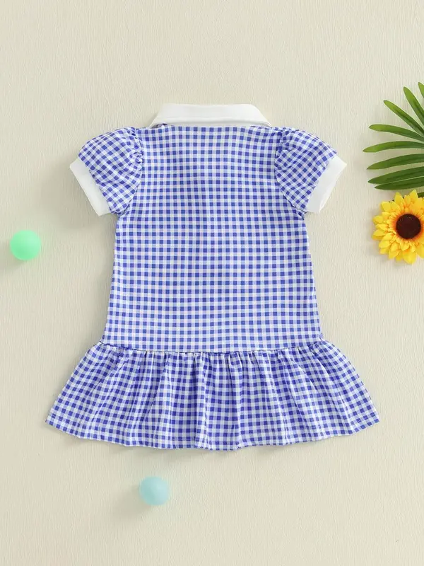【Buy 1 with free gift】 Toddler Girl Summer Plaid Dress Lapel Short Sleeves Golf Club Embroidery A Line Dress 7