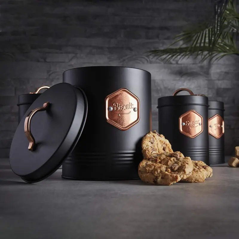 Cooks Professional 5 Piece Storage Canister Set | Labelled Containers for Tea Coffee Sugar Biscuits & Bread | Canisters Sets for Kitchen Accessories & Essentials | Black & Copper 1