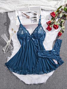 Women's Lace Trim Cami Nightdress & Thong Sexy Lingerie Two-piece Set, Comfortable Sexy Design Nighty Dress for Women