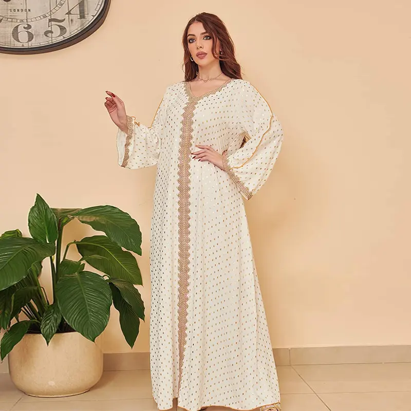 Muslim Abaya Gold Embossed Simple Lace Slim Fit Dubai Women's Dress 7