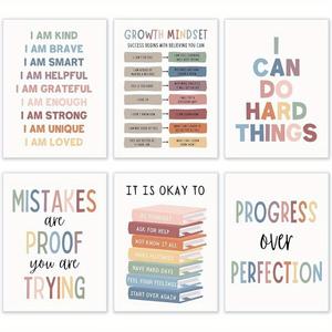 Positive Affirmations Quotes Wall Art, 6 Counts/set Psychology Feelings Posters without Frame, Growth Mindset Posters for Classroom Therapy Office Decor, Modern Home Decor