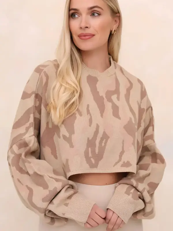 Luxe Knitwear Neutral Camo Jacquard Cropped Jumper - Trendy and Comfortable Knitwear Top - Chic -Womenswear 0