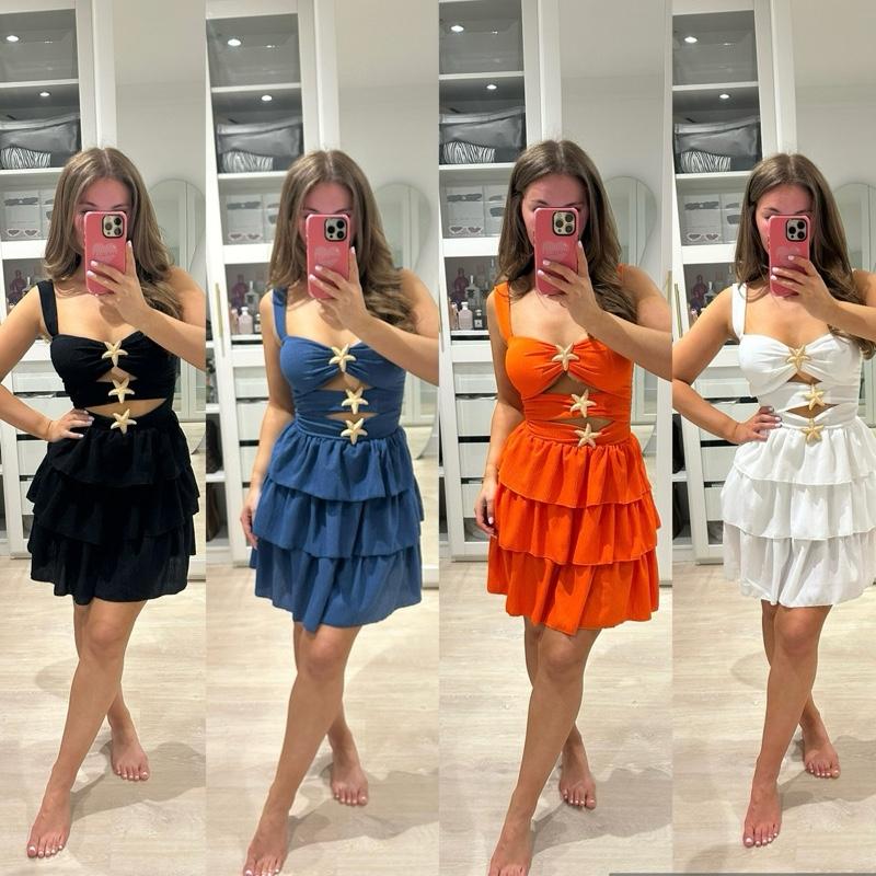 Gold Starfish Detail Crinkle Ruffle Dress 0