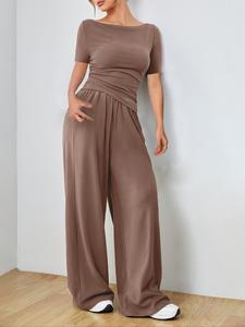 Two-piece Set Women's Solid Color Tee & Wide Leg Pants, Casual Minimalist Boat Neck Short Sleeve T-shirt & Pocket Trousers for Summer, Ladies Clothes for Daily Wear, Womenswear, Casual Outfits Women, Matching Clothing Set
