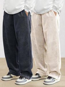Men's Solid Corduroy Pants, Casual Comfy Elastic Waist Straight Leg Trousers for Fall & Winter, Men's Bottoms for Daily Wear