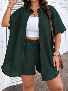 Plus Size Solid Button Front Drop Shoulder Blouse & Drawstring Waist Shorts Set without Cami Top, Boho Casual Half Sleeve Top & Bottoms for Daily Wear, Women's Outfits for Summer
