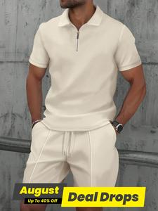 Two-piece Set Men's Solid Half Zip Shortsleeve Polo Shirt & Shorts, Regular Fit Casual Fashion Cozy Breathable Short Sleeve Top & Shorts for Daily Outdoor Wear, Men Two-piece for Summer, Menswear, Polyester Clothes