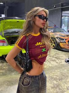 Women's Letter Print Contrast Binding Crop Tee, Vintage Trendy Casual Short Sleeve Round Neck T-shirt For Daily Wear, Summer Outfits 2024, Ladies Summer Outfit