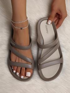 Women's Fashionable Khaki Gray Color Slides, Casual Comfortable Soft Elegant Open Toe Slippers for Indoor Outdoor Wear, Casual Sandals, Summer Beach Slippers, Lightweight Sandals, Footwear