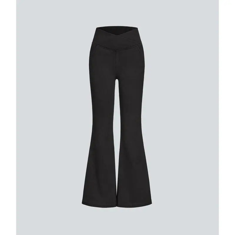 Women's Fl Black Denim ex High Waisted Crossover Super Flare Knit Jeans, Stretchy & Comfy Bottoms, Summer 2025, Plus Size ， Denim Basic Womenswear, Minimalist, Spring Sale Pants Trouser barrel  jeans  curvy high  rise  jeans jeans  Comfort Flared Denim 7