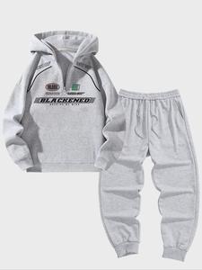 Men's Letter Print Zip Up Hoodie & Sweatpants Two-Piece Set, Casual Long Sleeve Hooded Sweatshirt & Jogger Pants for Fall & Winter, Men's Two-piece Outfits for Daily Wear