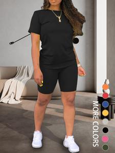 Two-piece Set Women's Plain Round Neck Tee & Skinny Shorts Set, Summer Clothes Women, Short Sleeve Crew Neck T-shirt & Shorts, Casual Summer Clothes for Outdoor, Cute Summer Outfit