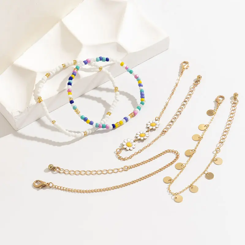 5Pcs Beaded Flower Chain Bracelet Set - 2025 Spring Summer Trendy Boho Jewelry for Women | Y2K Dainty Stackable Wrist Candy | Gold Silver Minimalist Handmade Accessories 6