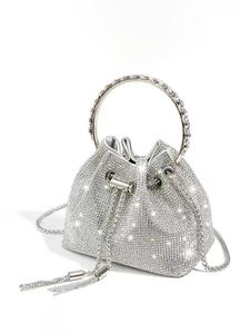 Women's Rhinestone Decorated Evening Bag with Round Top Handle, Elegant Shiny Tassel Chain Drawstring Design Shoulder Bag for Party, All-match Commuter Bag for Work & Daily Used, Valentine's Day Gift for Girl, Ladies Purse
