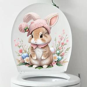 Cute Rabbit Pattern Toilet Sticker, 1 Count Self-adhesive Bathroom Sticker, Decorative Sticker for Home & Holiday Decor, Ornaments