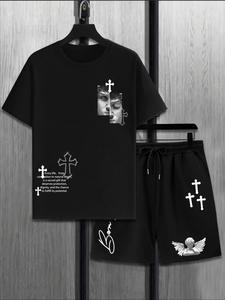 Two-Piece Set Men's Letter Print Tee & Drawstring Waist Shorts Set, Regular Fit Casual Short Sleeve T-shirt & Track Shorts, Men's Summer Clothes