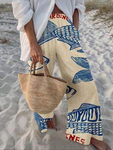 Women's Fish Print Pocket Wide Leg Pants, Boho Casual Comfy Trousers for Daily Holiday Vacation Wear, Ladies Bottoms for Summer, Bohemian Trousers