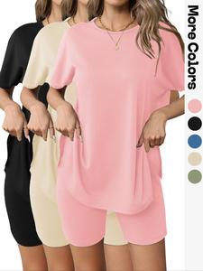 Women's Solid Color Tee & Skinny Shorts Loungewear Two/Six-piece Set, Casual Comfy Round Neck Short Sleeve T-shirt & Skinny Shorts PJ Set, Ladies Sleepwear for All Seasons